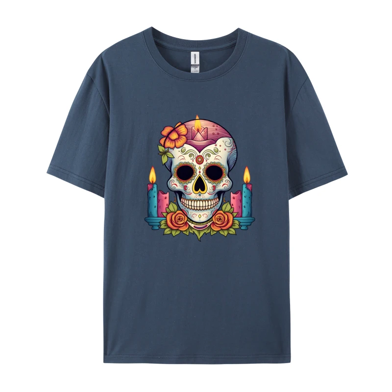 Men Cool Tee Sugar Skull Candles Graphic T-shirts Men's Brand Tops Shirt O Neck Summer/Autumn 100% Cotton Top T-shirts Slim Fit