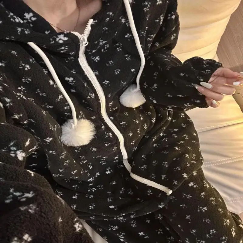 후드가 있는 파자마 세트 여성용 파자마 세트 여성용 따뜻한 겨울 파자마 패셔너블한 홈웨어, 귀엽고 부드러운 파자마 세트