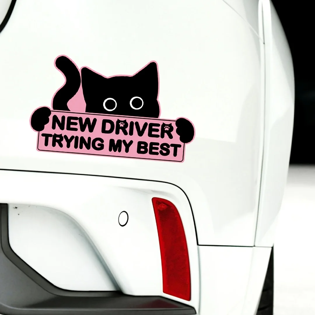 Cute Black Cat Reflective Sticker Pink Background Funny New Driver Warning Holographic Vinyl Decal Car Motorcycle JDM Decor