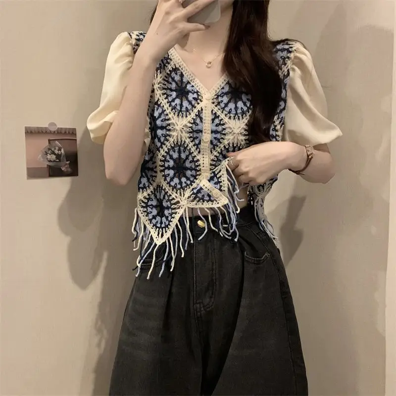 Fashion Vintage Patchwork Knitted Shirt Summer Folk Hook Flower Hollow Women's Clothing Tassel Loose Casual Short Sleeve Blouse