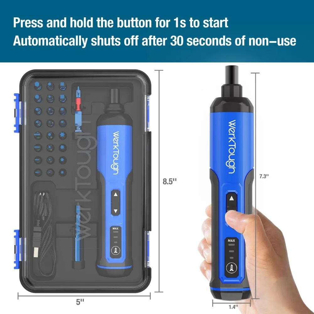 Werktough 4V Mini Electric Cordless Screwdriver with 3-Gear Torque 5Nm Power 25pc Screwdriver Bits S2 LED Light USB Charging Hom