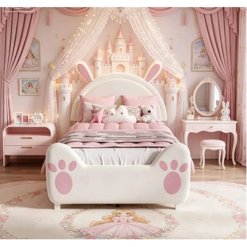 Kinderbett 90 x 200 cm Gepolstertes Bett für Mädchen, Prinzessinnenbett mit Hasenohren-Kopfteil und LED-Beleuchtung, Einzelbett aus Samtstoff, Bettgestell mit Lattenrost und Stauraum