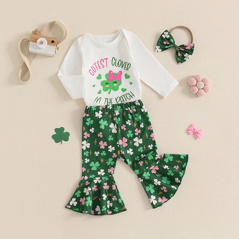 Baby-Mädchen-Outfits zum irischen Tag, mit Buchstaben-Aufdruck, langen Ärmeln, Strampler und ausgestellte Hosen mit Kleeblatt-Aufdruck und Stirnband