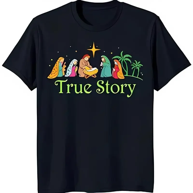 Cheerful Cartoon Nativity Scene T Shirt 'True Story' In Dark Blue