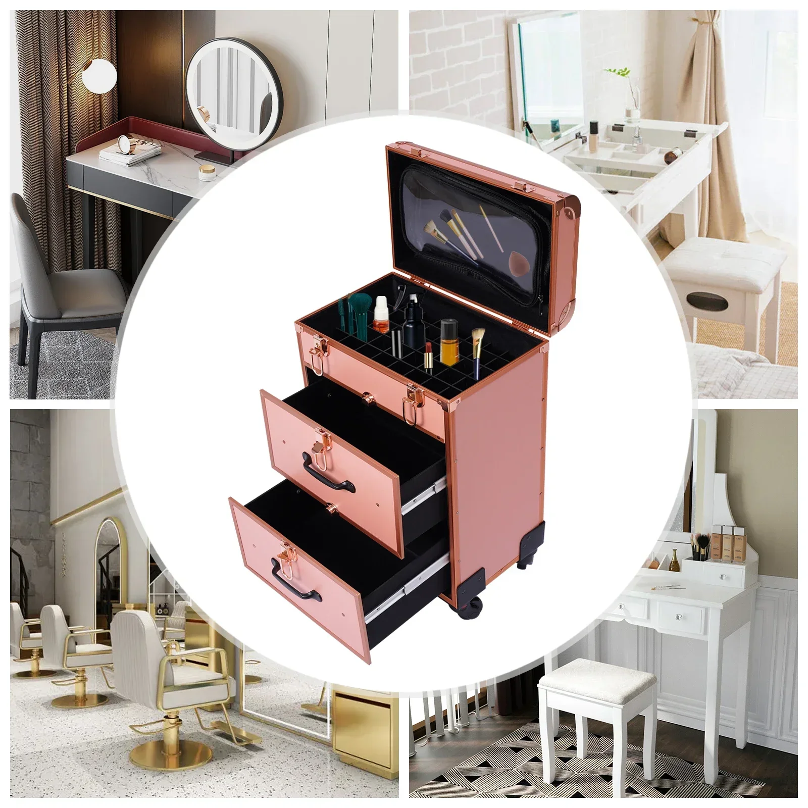3 Layer Gold Aluminum Alloy Makeup Case with Universal Wheels Retractable Handle Fireproof Board for Cosmetic Storage Trolley
