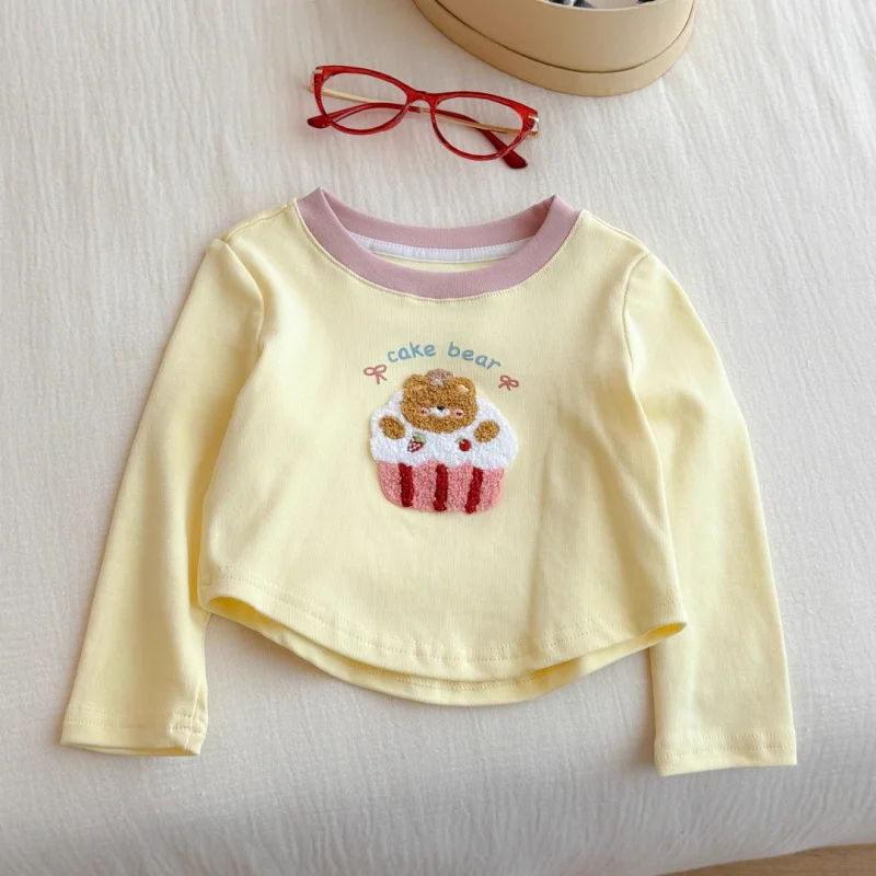 Princess Girls Cartoon Bear T-Shirt Tops for Children's Autumn Clothing 2025 New Baby Kids Long-sleeve Cotton Bottoming Shirt