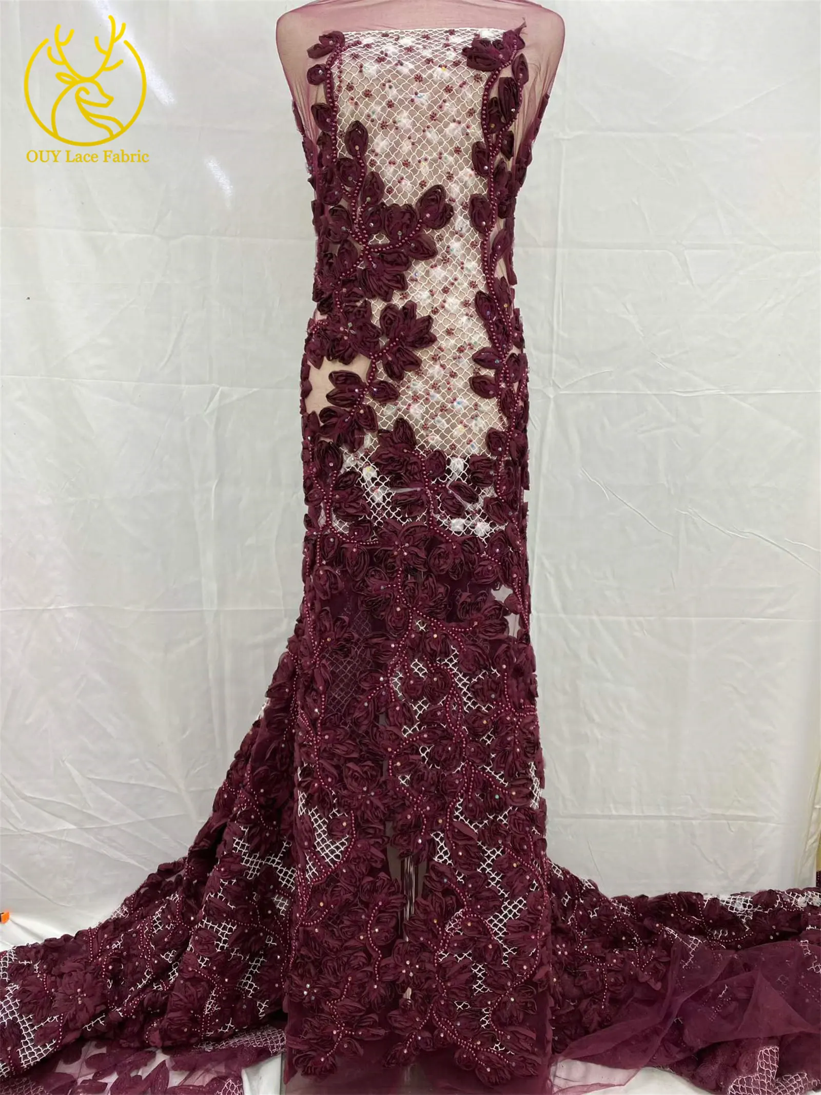 2026 Modische französische Mesh-Spitze mit Perlen und Pailletten, 3D Hochwertige nigerianische Spitze für Brautkleider und Hochzeitskleider, 5Y – Detail 9