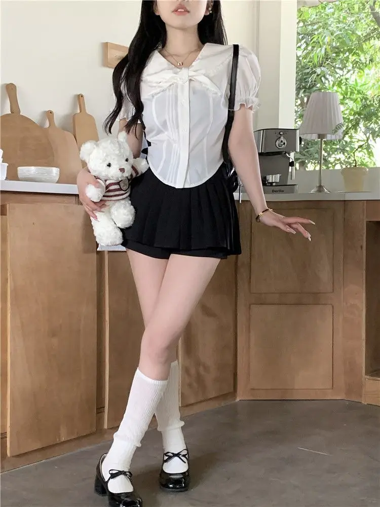 بلوزات حلوة 2025 ملابس نسائية بياقة بيتر بان قمصان بيضاء قطع علوية قصيرة Camisas De Mujer بلوزة صيفية بأكمام منتفخة #3