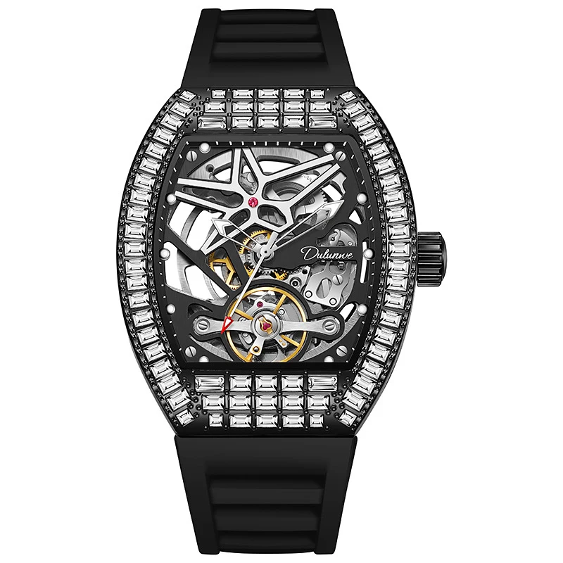    ساعات ميكانيكية أوتوماتيكية بمينا حجر الراين من Dulunwe للرجال ساعة توربيون فاخرة للرجال مقاومة للماء بحزام مطاطي