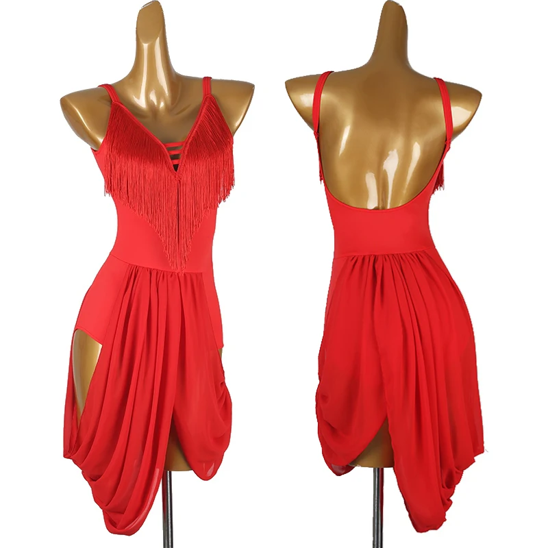 Robe de danse latine pour femmes, Sexy, dos nu, avec pompons, vêtements d'entraînement, Chacha Samba, robe de concours de danse latine, DQL11140