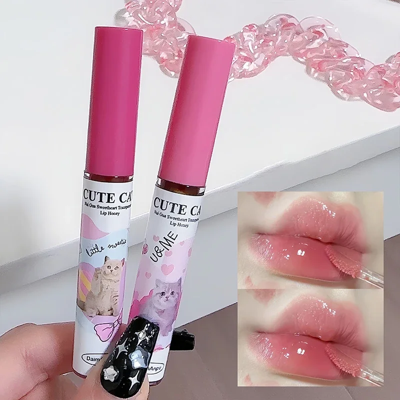 6 Stks/set Schattige Kat Spiegel Water Lipgloss Set Rode Tint Voor Lippen Make-Up Langdurige Glas Lip Glazuur Waterdichte Lippenstift Kit