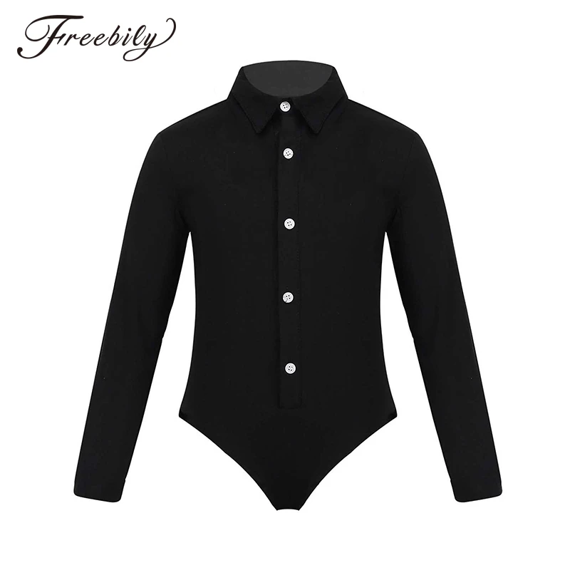 Kids Boys One-Piece Dance Costume Long Sleeves Lapel Romper Shirt Gymnastics Leotard Bodysuit Modern Latin Ballroom Dance Wear