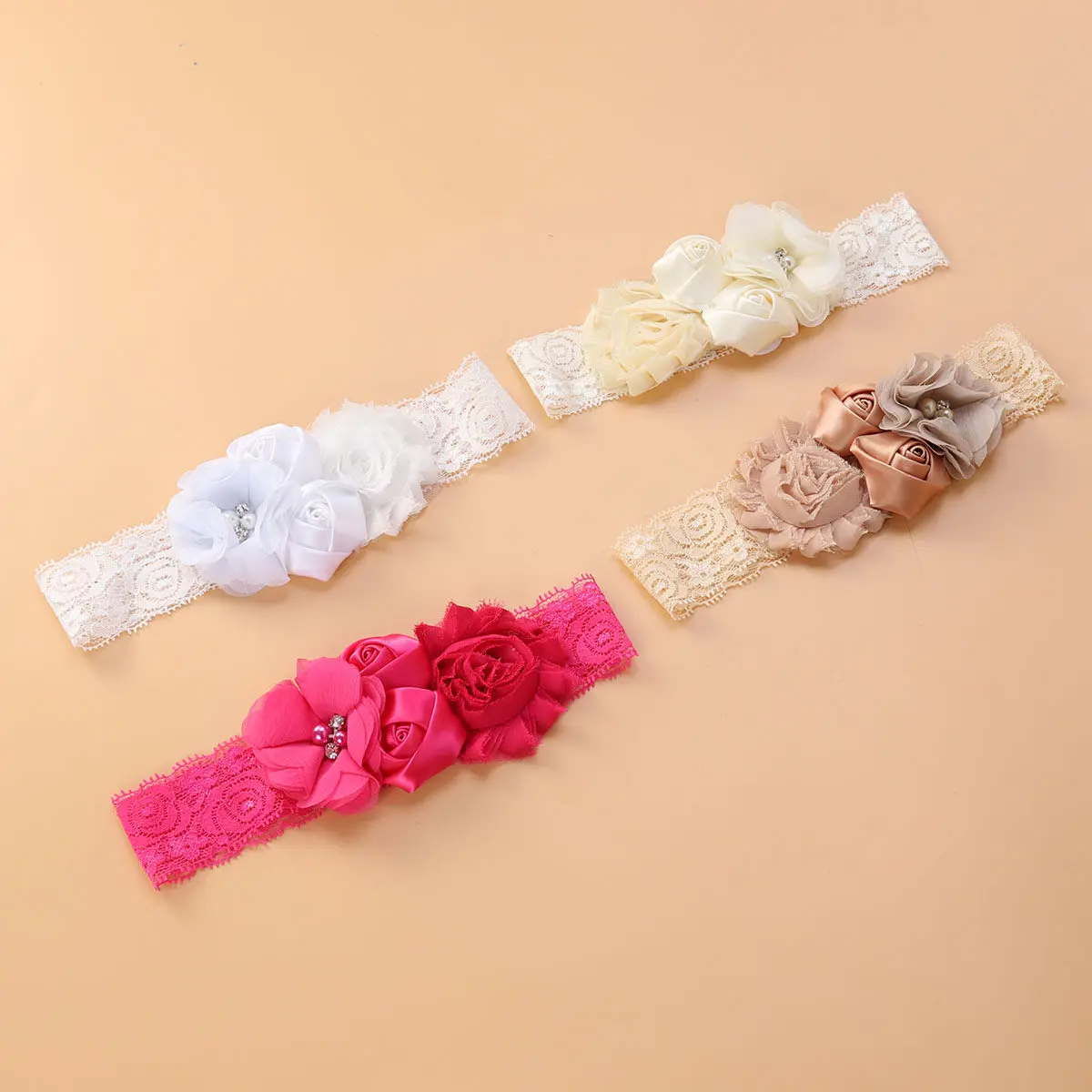 

4Pcs Baby Lace Headbands Super Stretchy Elastic Ribbon Chiffon Rhinestone Flower Headbands Perfect for Newborn Baptism