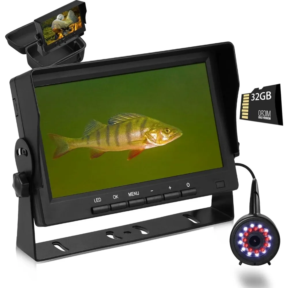 

DVR w/Bracket - 7 inch Ice Fishing Camera Underwater w/ 12pcs+ 32GB Card,1200TVL Portable Ice Fishing Fish Finder