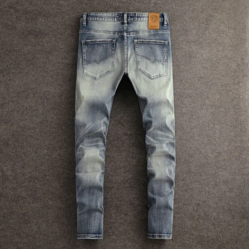 Jeans rasgado bordado masculino, calça jeans vintage, calça slim fit, moda streetwear, estiramento azul lavado retrô, designer