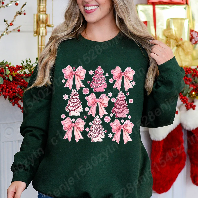 Christmas Pink Bow Gingerbread Print Sweatshirts Autumn Winter Long Sleeve Round Neck Casual Pullovers Women Hoodless Sweatshirt