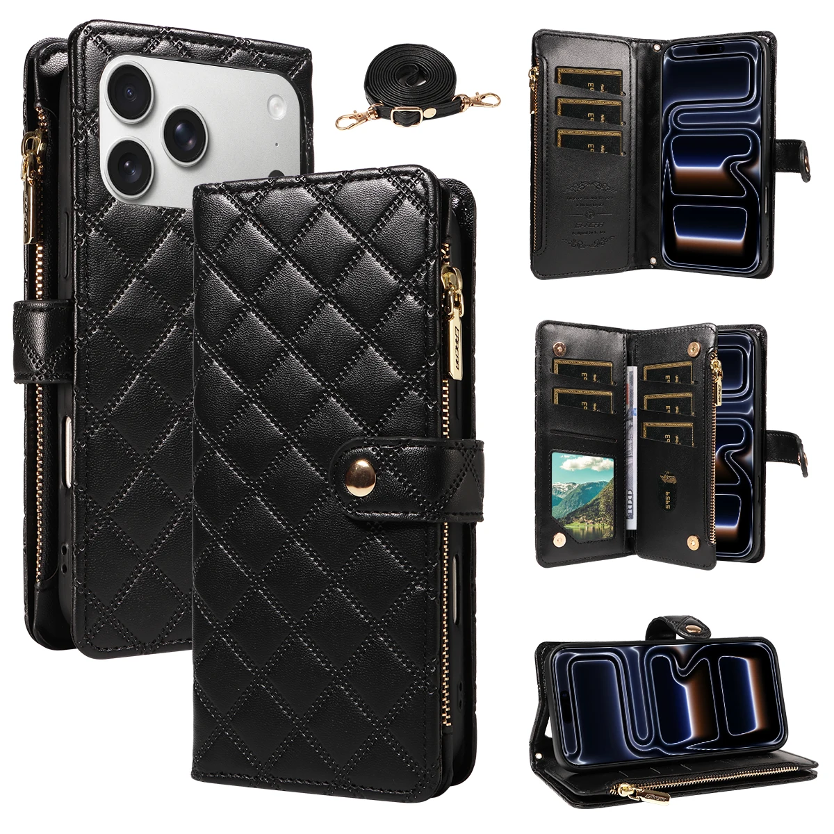 Neu gestaltete multifunktionale Handyhülle mit Karomuster für iPhone 17, 16, 15, 14, 13, 12, 11 Pro Max, TPU-Leder, Anti-Drop-Abdeckung