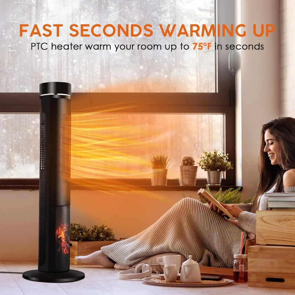 Space Heater -36 Inch Ceramic Tower Space Heater with Thermostat, Fast Heating, 3D Realistic Flame, Oscillation, Remote Control