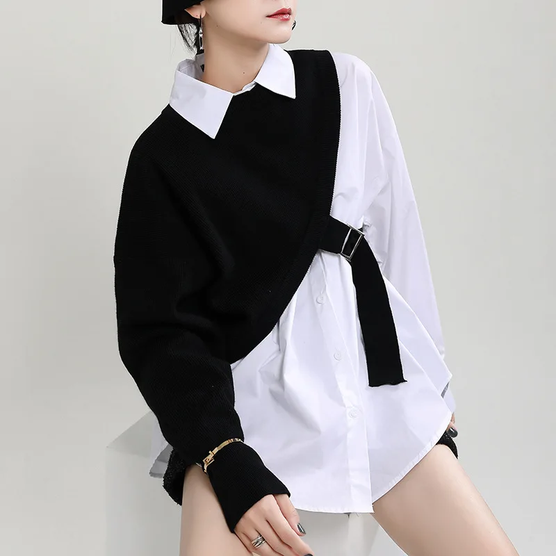 2023 Winter New Fashion Women's Knitted Shawl+White Shirt Two Piece Set with Fashion Brand for Reducing Age and Slimming Shirts