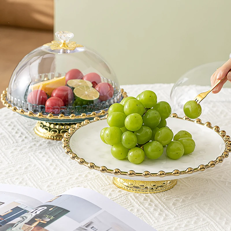 Light Luxury Golden Edge Bead Point Flat Plate Cake Plate with Lid Ceramic Household Fruit Plate Dessert Plate Dry Fruit Plate