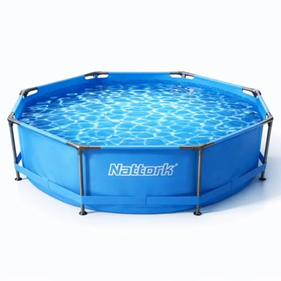 

Outdoor swimming pool set: round metal frame, 10' x 30, framed above-ground pool, easy-install upgraded T-pipe, blue