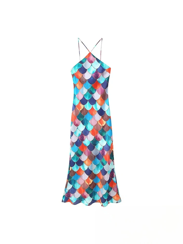 KONDALA セクシーでエネルギッシュなシックな女性用サテンワンピース ホルタープリント ノースリーブ ロングドレス 新ファッション 2025 夏休み ビーチドレス