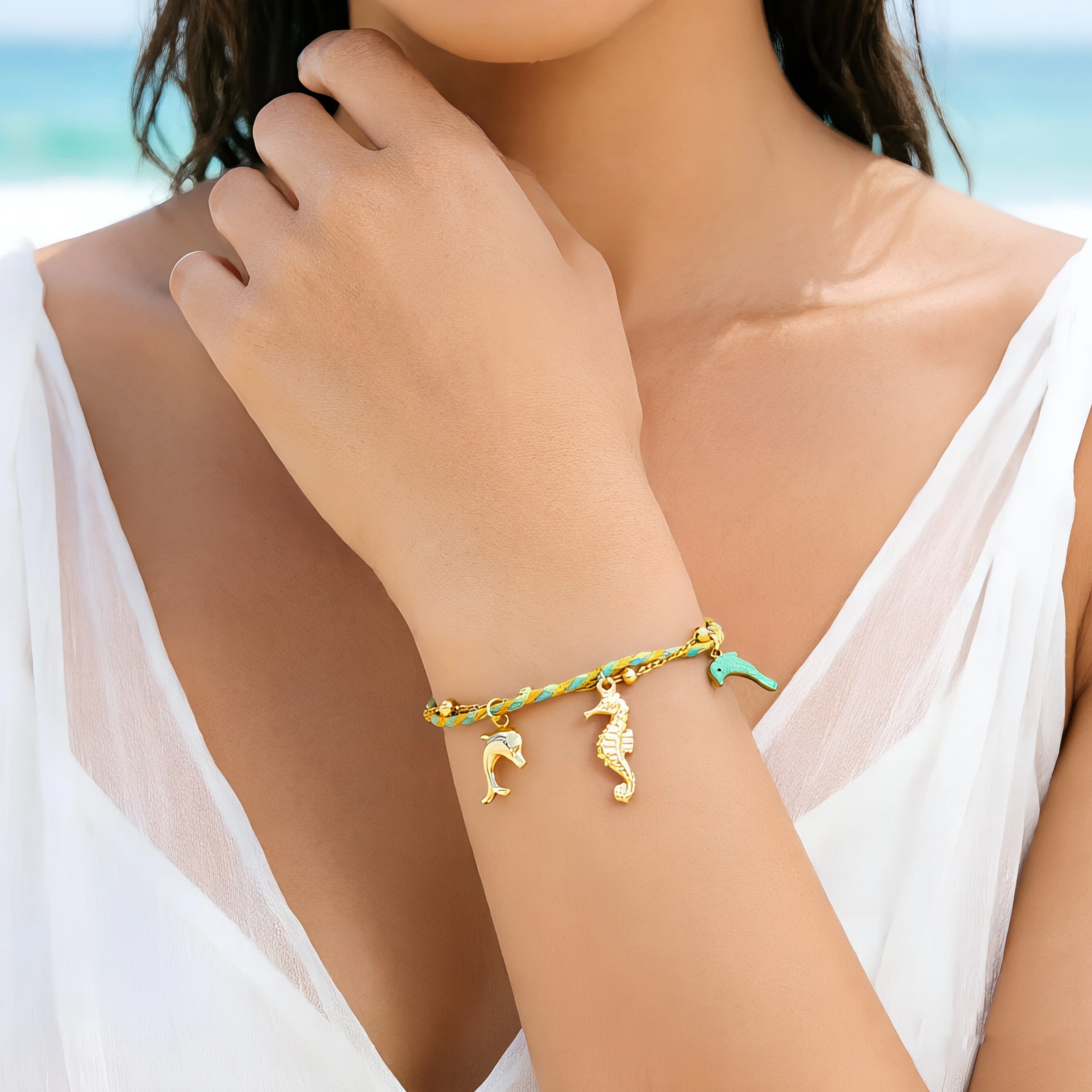 

Fashion Double Layer Braided Handmade Jewelry Starfish Shell Fish Drop Bracelet Bangle Oceanic Style Summer Daily Jewelry