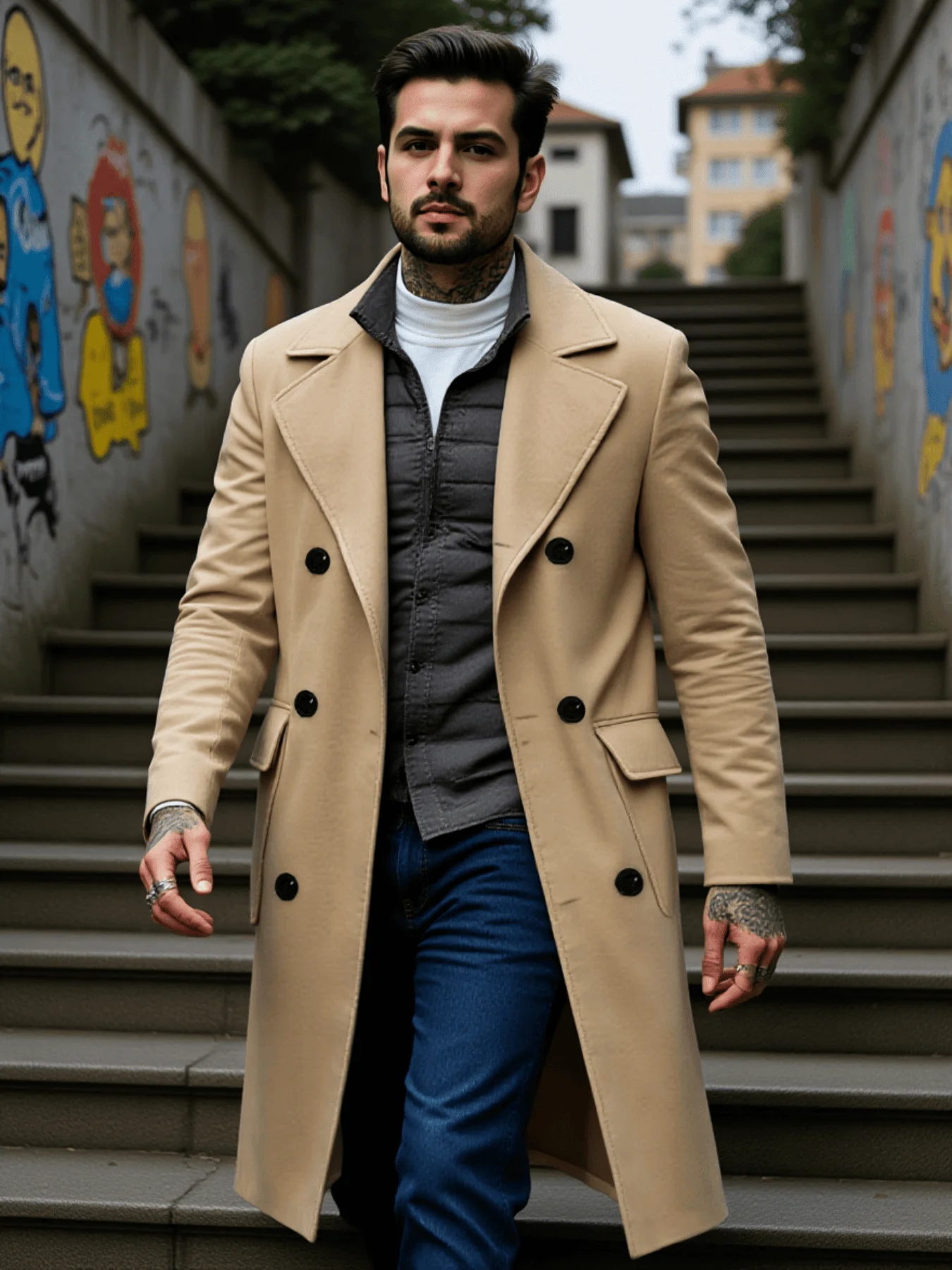 

Men's Double-Breasted Trench Coat for Outdoor Commute Winter Thickened Warmth with Fashionable Tailoring Wool Overcoat