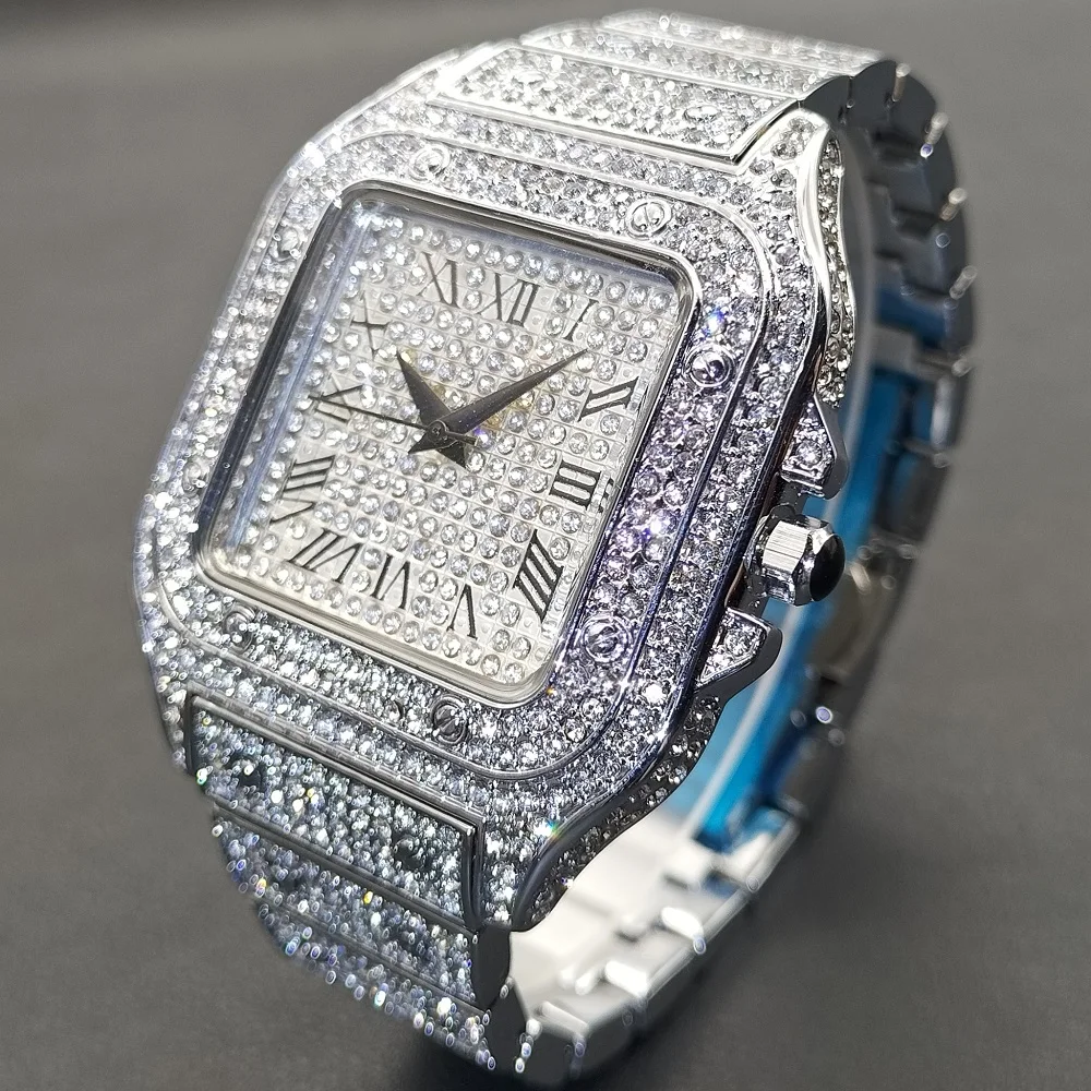 Hip Hop Square Watches Mens Top Brand Luxury Iced Out Watch Calendar Waterproof Business Diamond Wristwatches Male Clock Hours