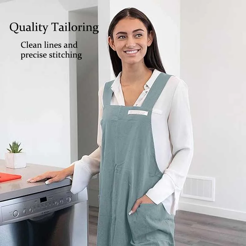 Split No-ties Cross Back Cotton Linen Kitchen Apron with Pockets for Women Men Washable Pinafore for Cooking Baking Cleaning