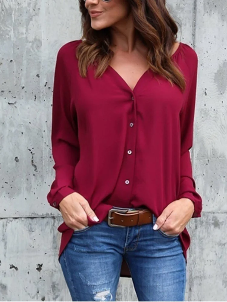 

V-neck Loose Long Sleeved Solid Color Button Up Women's Shirt Daily Office Fashion Urban Style Spring Top