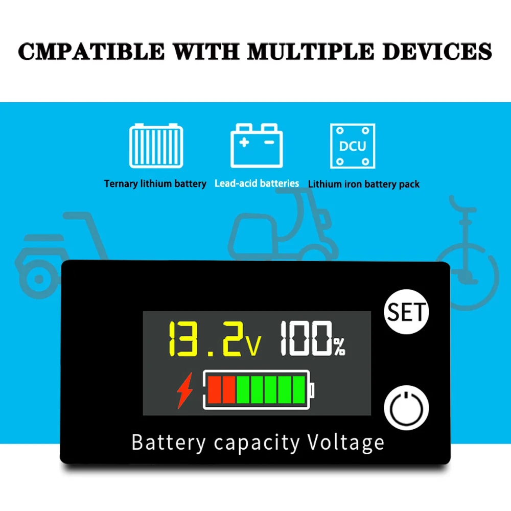 DC 8V-100V Voltmeter 12V 24V 48V 72V Battery Capacity Indicator Lead Acid Lithium LiFePO4 Alarm Voltage Gauge for Car Motorcycle