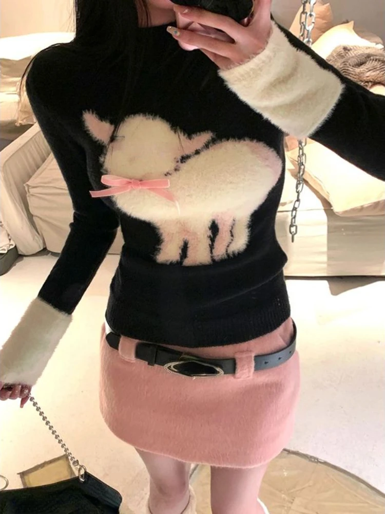 2023 Winter Japanese Style Print Knitted Sweater + Pink Slim Mini Skirt Casual Kawaii 2 Piece Set Cute Fashion Clothing Woman