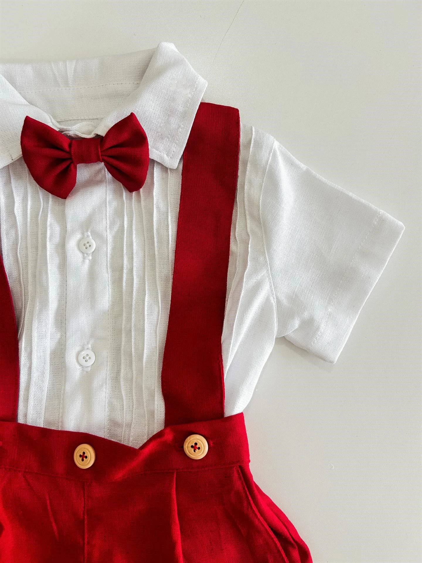 0-6Y Baby Boy Vintage Bow Tie Pleated Red White Outfit Suit for Birthday Party Wedding Photography