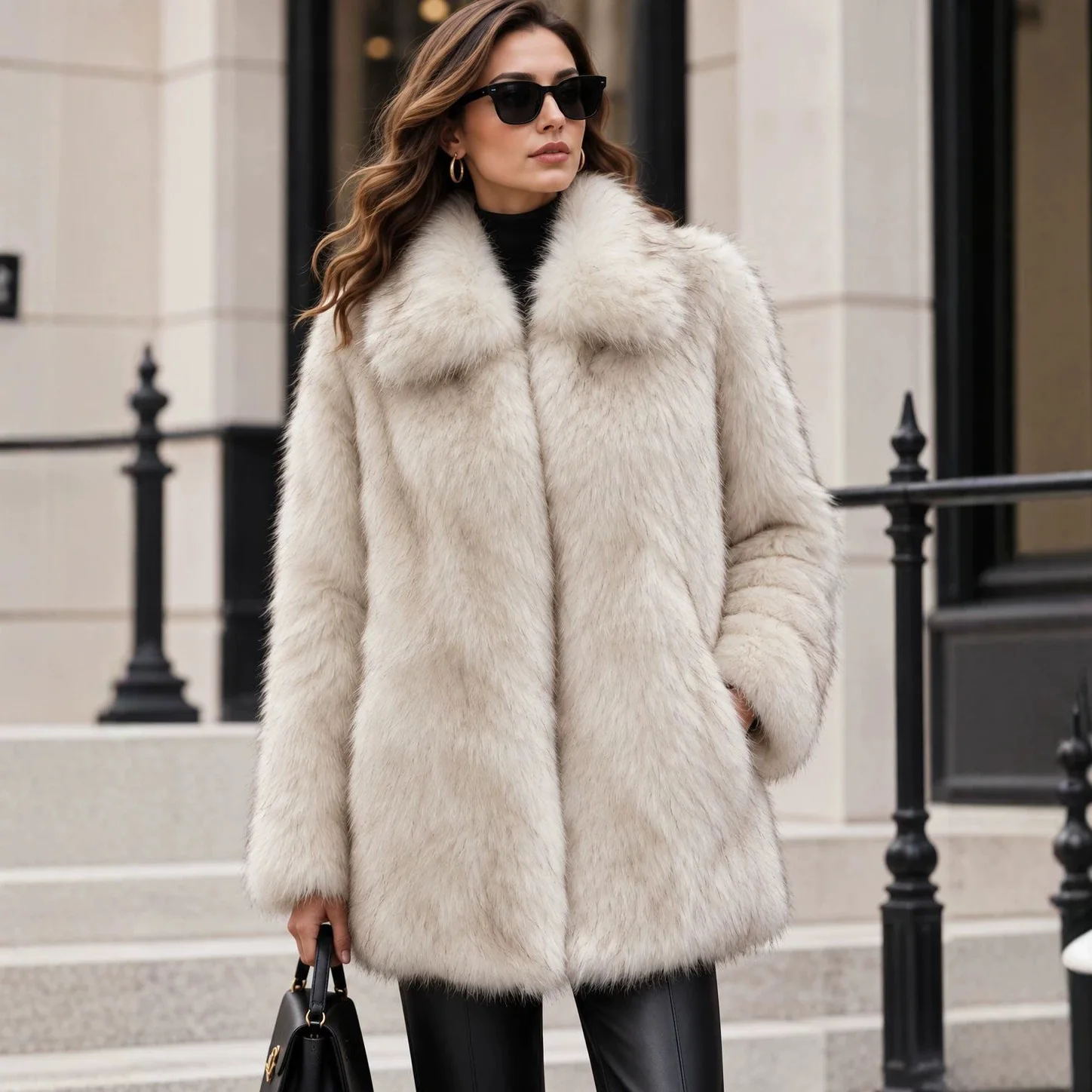 Women Fluffy Jacket Winter Faux-Fox Fur Coats Korea Lapel Casual Black Outwear Female Thick Warm Plush Overcoat
