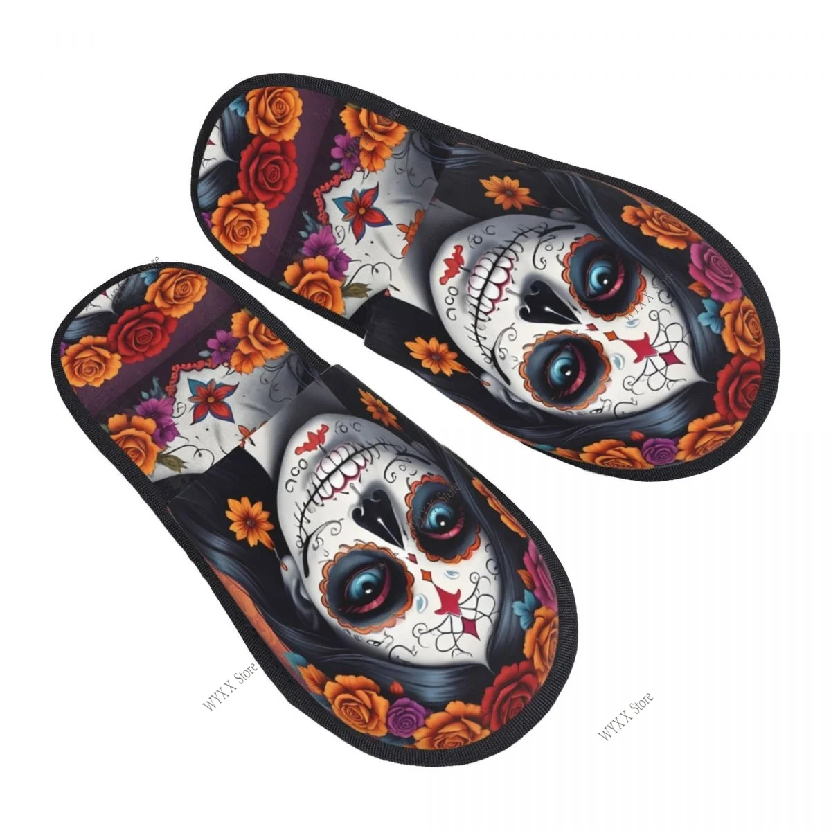 Woman With Skull Flowers Slipper For Women Men Fluffy Winter Warm Slippers Indoor Slippers