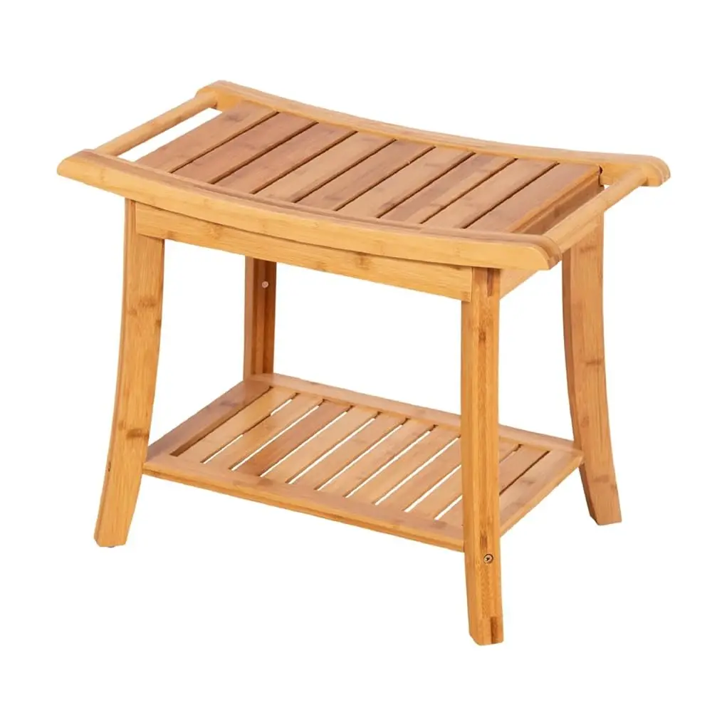 

Solid Bamboo Spa Style Bench (Caramel) - 23.75 H Wood 2-Tier Seat, Foot Rest With Non-Slip Feet, Storage Shelf, Seat +