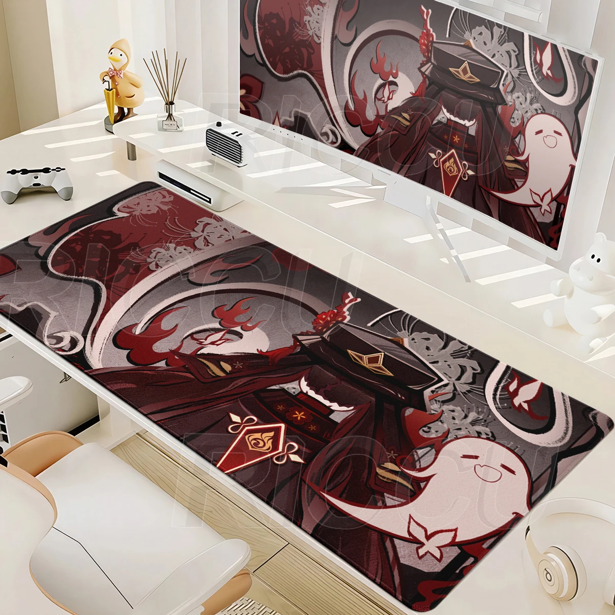 Genshin Impact Hu Tao Niedliches Mauspad Gaming-Tastatur-Mauspad mit umstickter Kante Gummi-Spielmatte PC Erweitertes Pad Büro Laptop XL Schreibtischunterlage