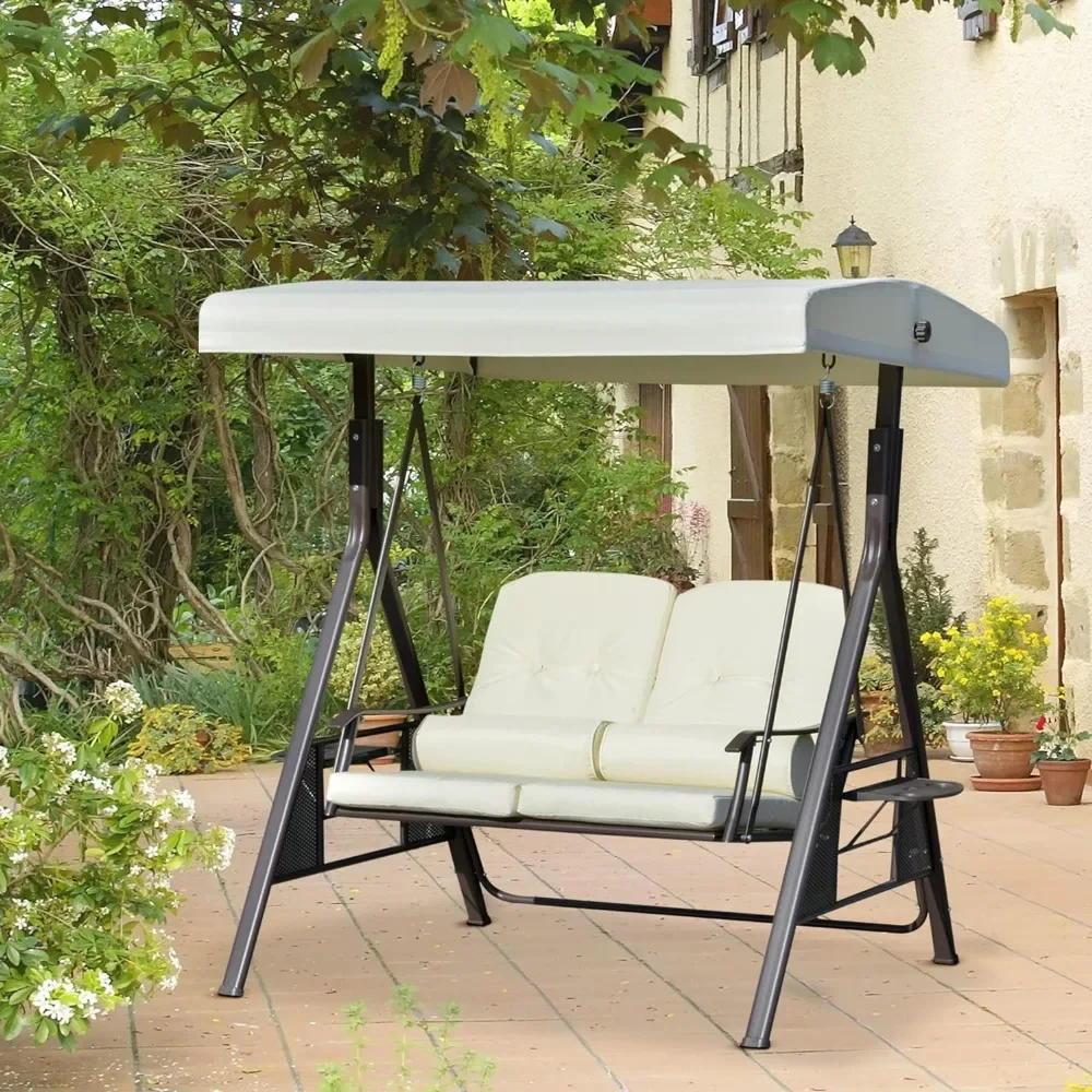 2-Person Patio Swing Bench with Adjustable Shade Canopy, Soft Cushions, Throw Pillows and Tray, Beige.