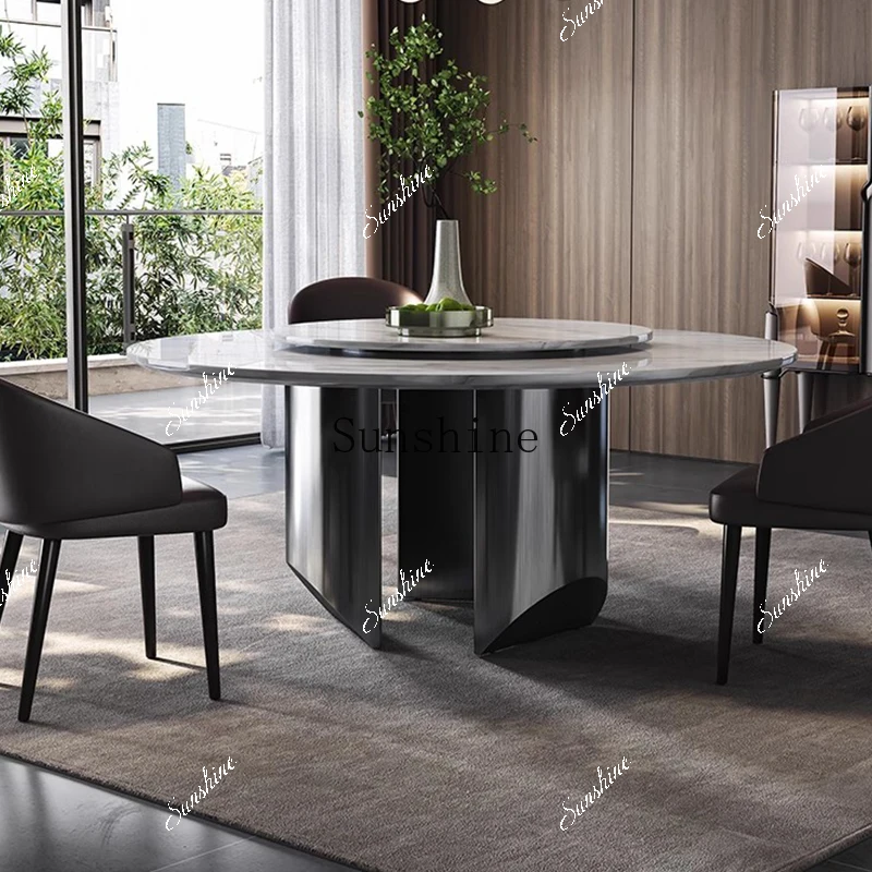 

Natural Italian light luxury high-end marble dining table with turntable FT