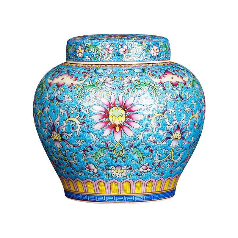 Ceramic jar tea set hand-painted enamel colored turquoise green blue ground phoenix tail lotus tea jar porcelain jar
