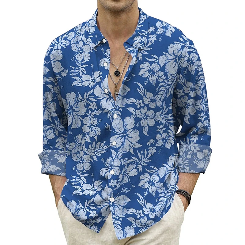 New Hawaii Shirt For Men Flower 3D Print Long Sleeve Cuban Blouse Casual Beach Summer Vacation Shirts Lapel Buttons y2k Tops 4XL