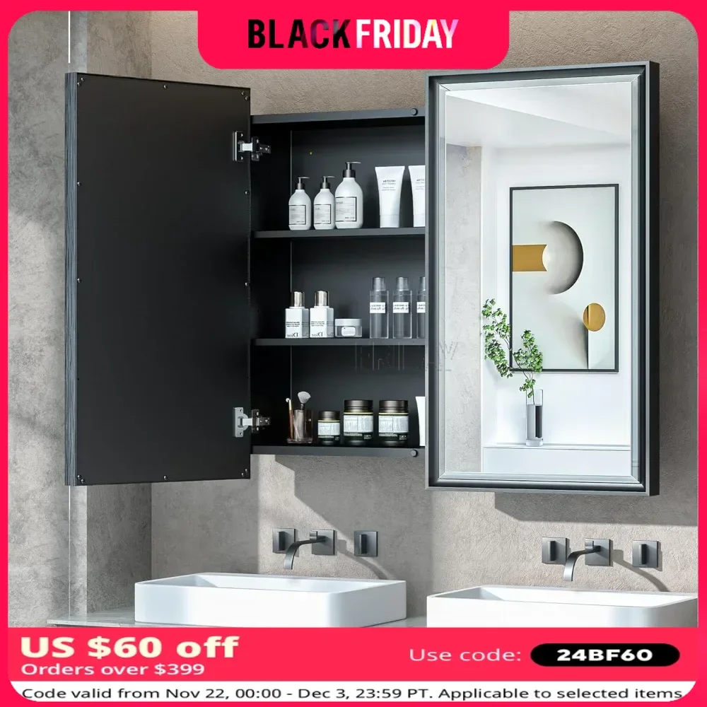 Bathroom Cabinet with Mirrors & Aluminum 2 Door, Beveled Mirror, 36x32 IN Wall Mounted Metal Bathroom Cabinet Mirror