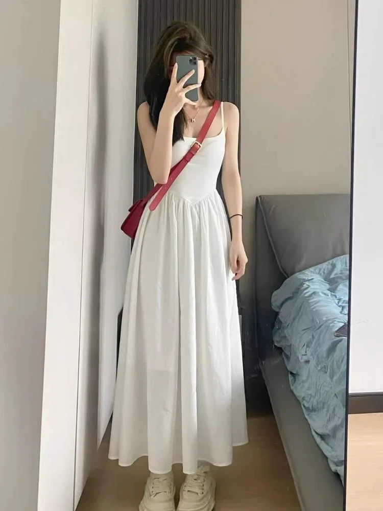 Dress Women Midi Summer Holiday Pure Korean Style Lady Hotsweet Ins Sweet Girl Casual Fashion Spaghetti Straps All-match A-line