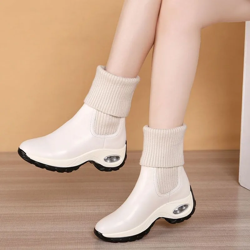 2023 Hot Sales Autumn and Winter New Cashmere Thickened Warm Patent Leather Mid-heel Wedges Women's Short Boots Fashion Boots