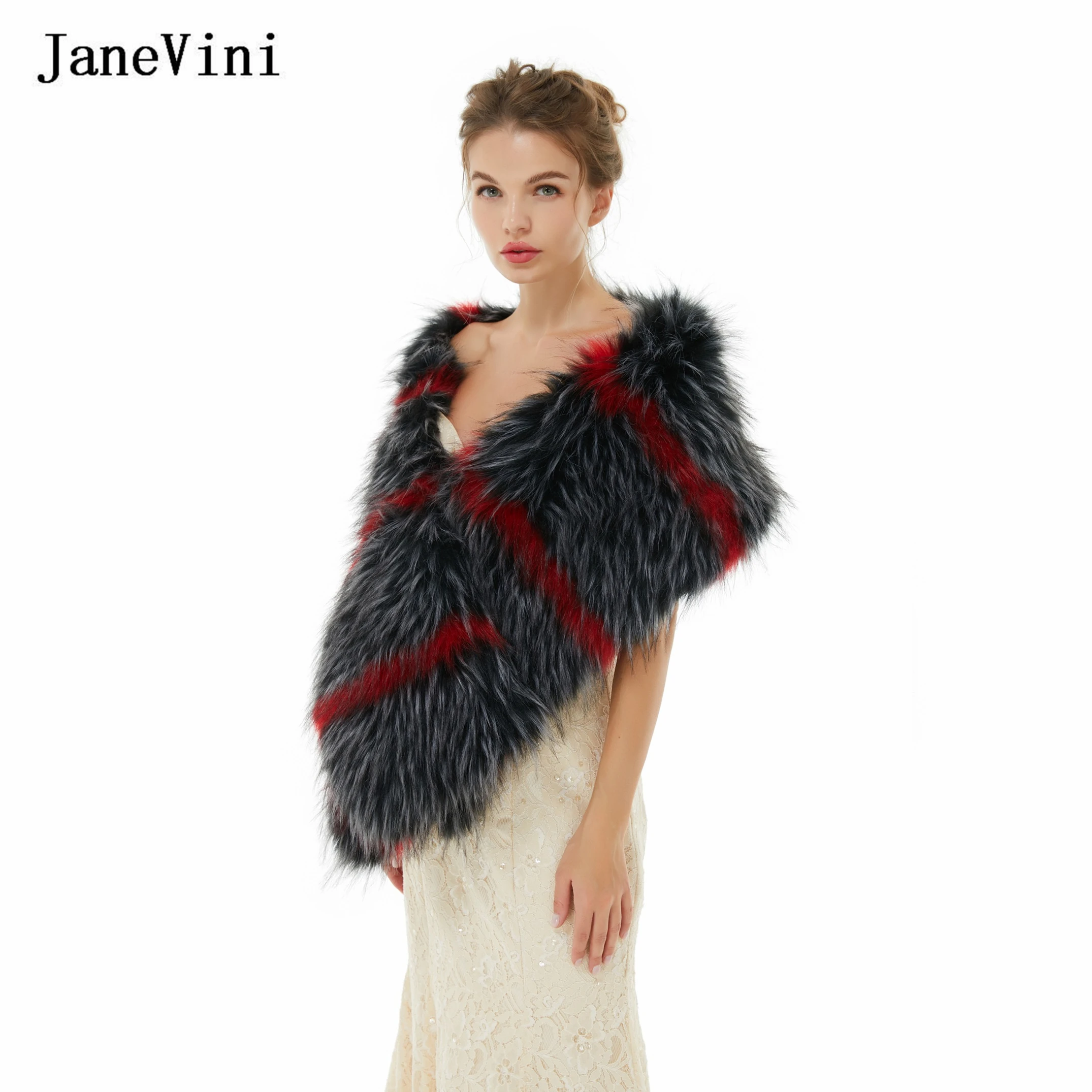 JaneVini moda Faux Fur Wedding szal Wrap Winter Warm kobiety Cape Bolero gruba panna młoda kurtka płaszcz odzież wierzchnia akcesoria dla nowożeńców