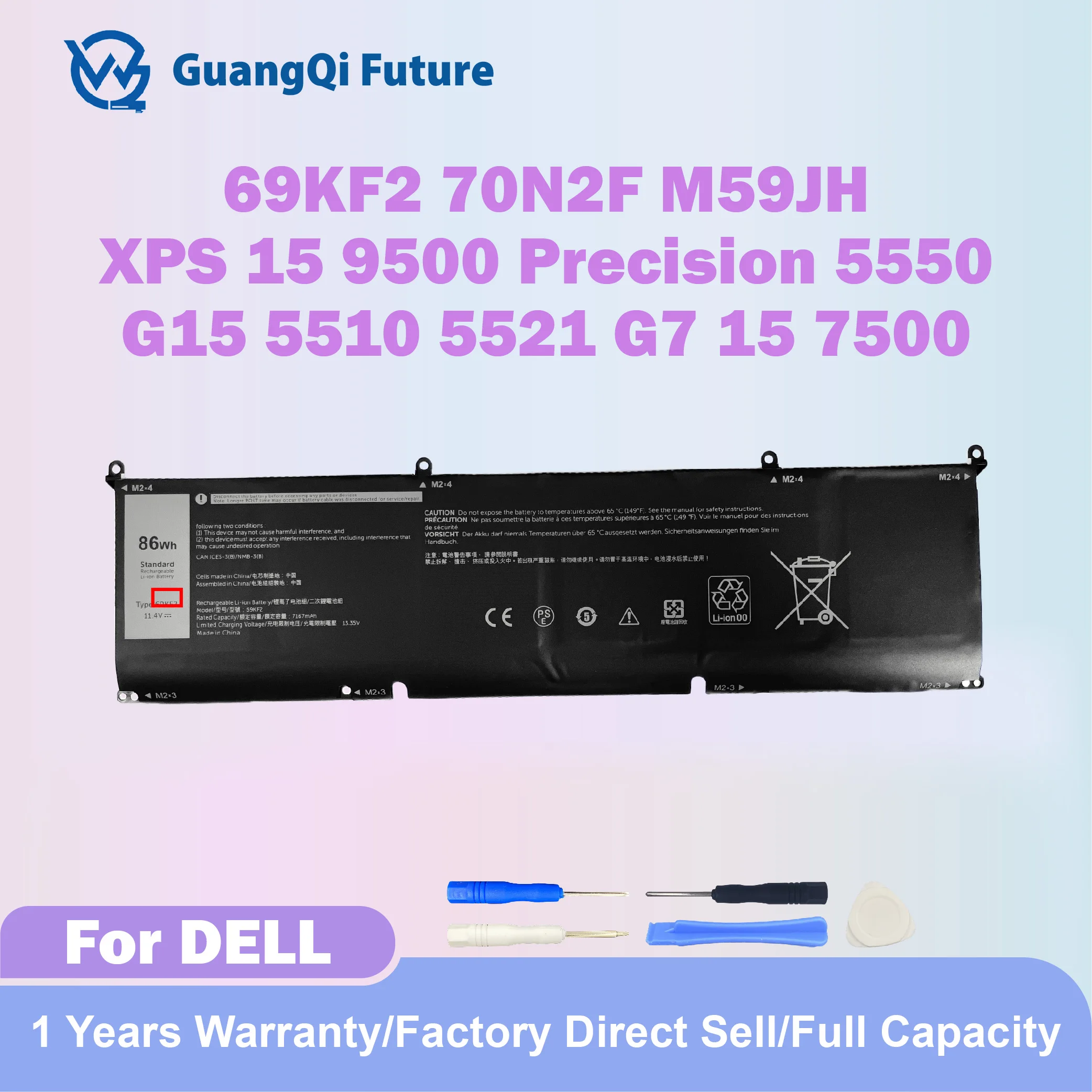 

69KF2 86Wh 7167mAh New Battery For Dell XPS 15 9500 Precision 5550 G15 5510 5521 G7 15 7500 70N2F M59JH 6Cells High Quality