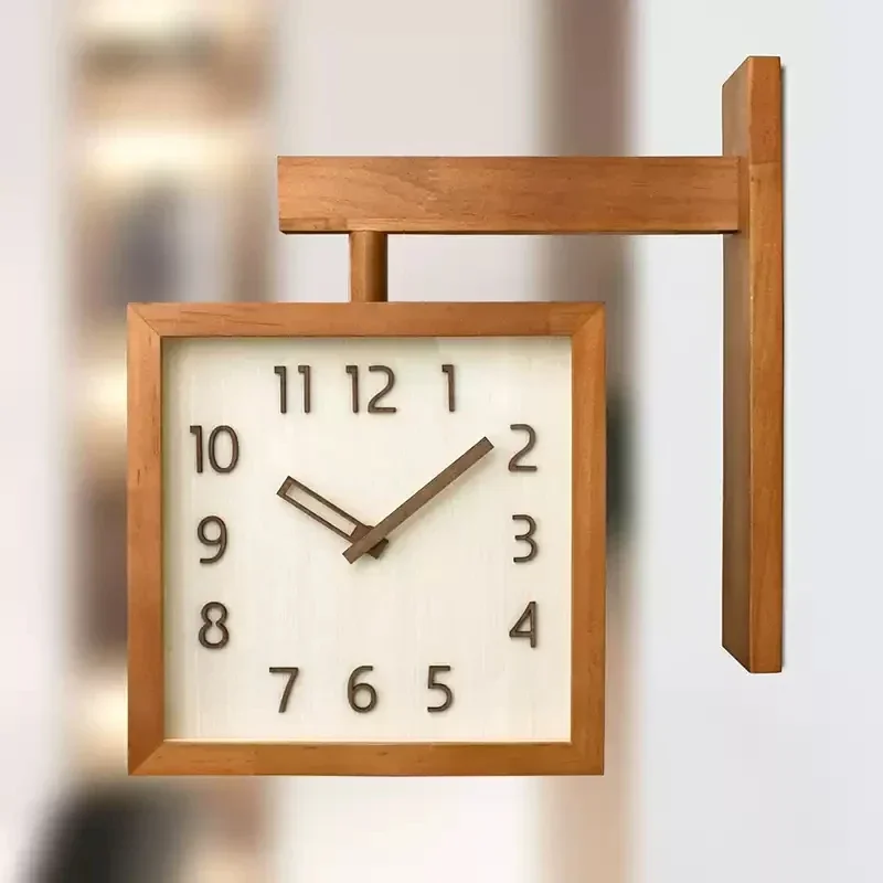 Simple Silent Corner Clock Double Sided Wooden Decorative Wall Clock for Living Room Household Decor Gifts