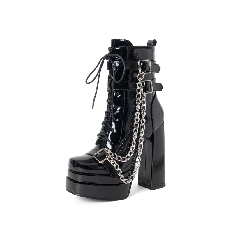 

Womens Goth Black Patent Ankle Boots Chain Platform Chunky High Heel Lace Up Short Booties Punk Shoes
