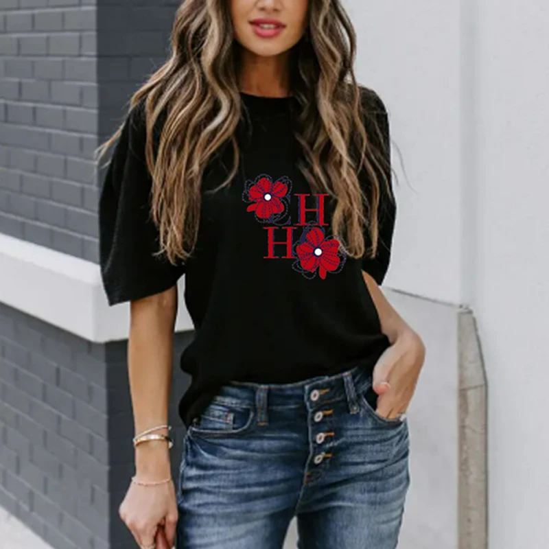 Camiseta de manga corta para mujer, Top Popular versátil, elegante, juvenil, de Color sólido, Vintage, 2024